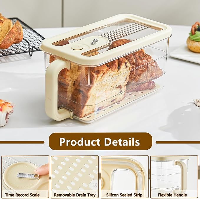 Bread Storage for Kitchen Counter | Cookie Keeper with Date Dial, Lid, and Detachable Handle, Fruits & Veggies Container, 6qt Clear Breadbox for Homemade Bread, Toast, Bagels, Donuts