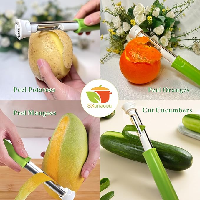 Telescopic Fruit and Vegetable Peeling Machine Multi functional Stainless Steel Apple Peeler Apple Core Remover 2-in-1 Household Kitchenware (Green)
