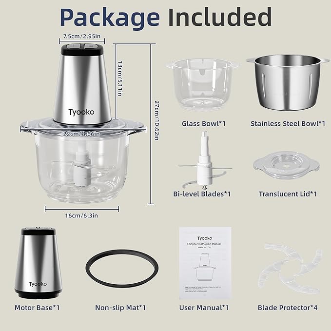 Electric Food Processor Vegetable Chopper, Kitchen Aid Easy Clean Meat Grinder with 2 Bowls (8 Cup Stainless Steel+8 Cup Glass), Small Food Mixer for Fruits/Meat/Nuts/Fish/Vegetable/Pet Food/Baby Food