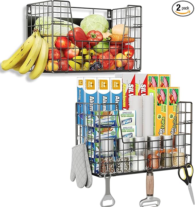 Magnetic Fridge Basket Storage Organzier for Fruit & Wrap, Magnetic Shelves for Side of Refrigerator for Kitchen,Laundry(2 Pack)