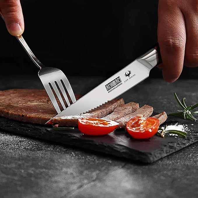 HOSHANHO Steak Knife Set 8 Pieces, 4.5 Inch Super Sharp High Carbon Stainless Steel Steak Knife Set, Professional Premium Serrated Precise Cutting with Ergonomic Wood Handle