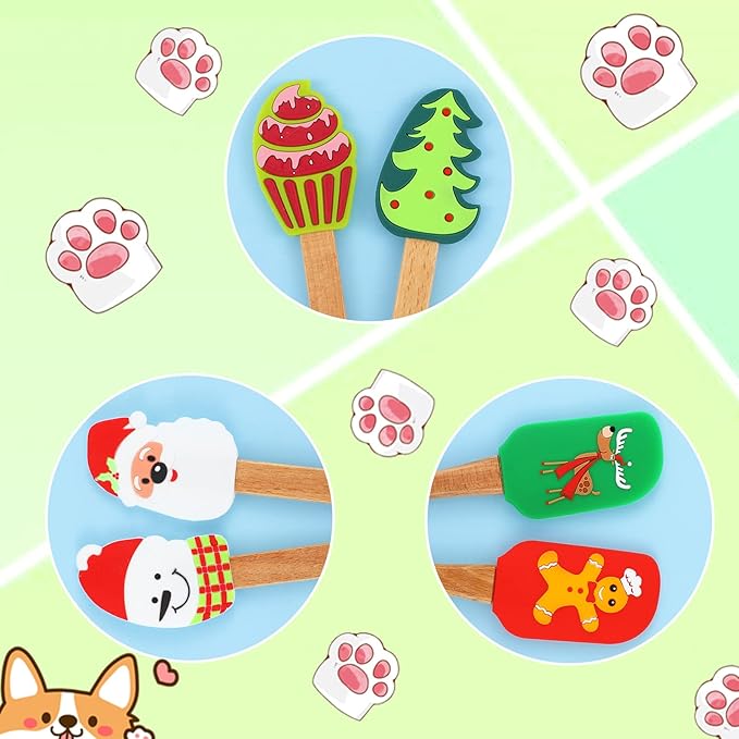 Patelai 6 Pcs Christmas Silicone Spatulas, Christmas Kitchen Utensils Holiday Baking Supplies, Xmas Cake Spatulas with Wooden Handle, Cute Pan Scraper Xmas Dish Scraper Cooking for Kitchen Mixing