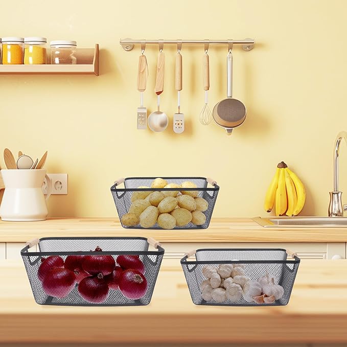 Potato and Onion Storage Bin with Garlic Bin, 3 Set Potato Bin Onion Container Garlic Keeper with Wooden Handle, Pantry Kitchen Metal Mesh Basket for Fruits, Vegetables and Produce-Black