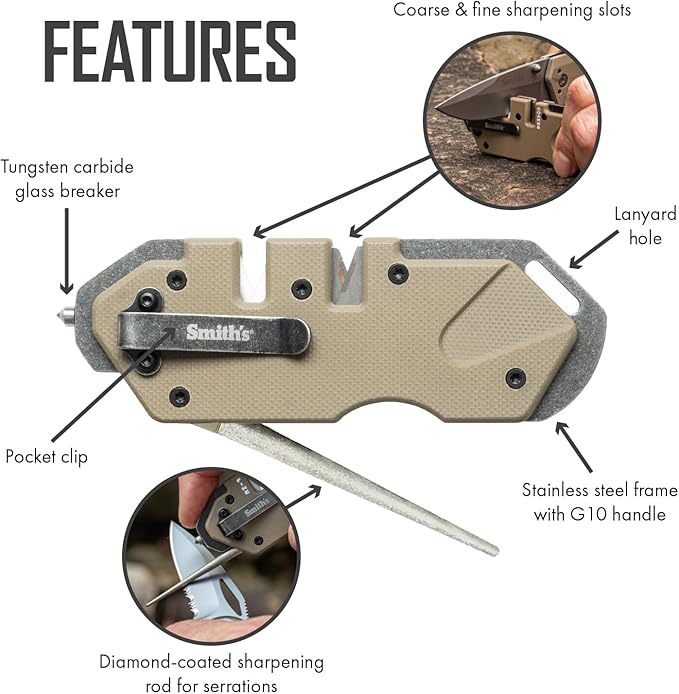 Smith’s Pocket Pal Tactical Knife Sharpener - 2 Stage Sharpener & Diamond Sharpening Rod - Pocket Clip - Outdoor Hunting Knife & Hook Sharpener - Compact & Lightweight