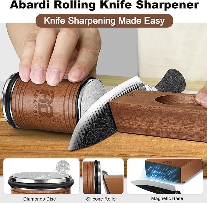 Abardi Rolling Knife Sharpener for Straight Edge, Knife Sharpening with Industry Diamonds Made Easy, Knife Sharpeners Kit with 15 & 20 Degree Magnetic Angle for Kitchen Knives (Walnut)
