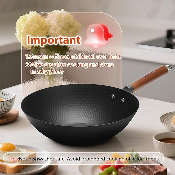WANGYUANJI 12.6 Inch Carbon Steel Wok with Lid, Flat Bottom Uncoated Lightweight Wok Pan with Wooden Handle for Stir-Fry, Gas, Electric and Induction