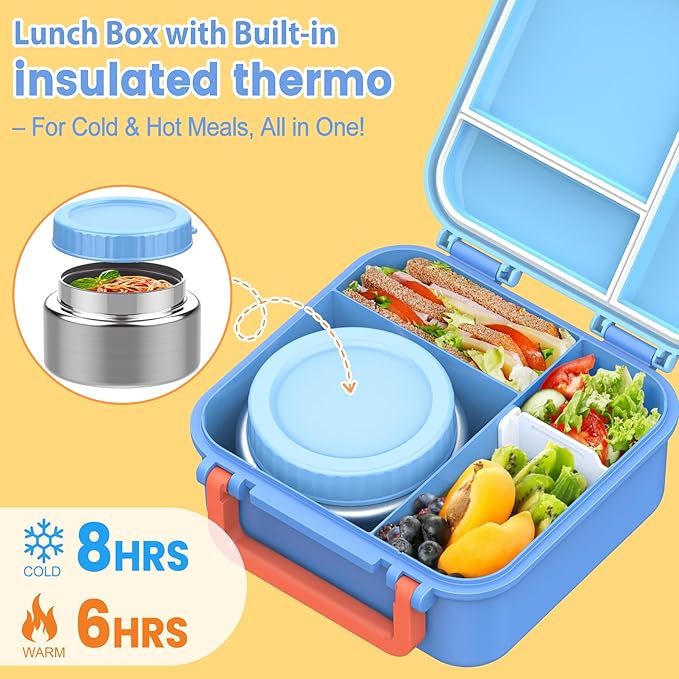 Bento Lunch Box for Kids with 9oz Thermo, Leak-proof Lunch Containers with 3 Compartments,Kids-friendly Size,Durable/Dishwasher Safe Lunch Box for School Outdoors-Blue