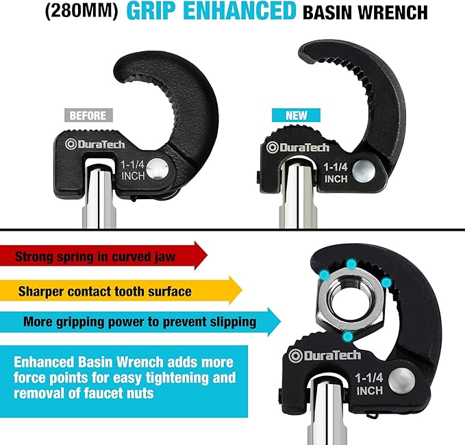 DURATECH 11" Basin Wrench, Sink Wrench, Adjustable Tap Nut Spanner Basin Spanner, Capacity of 3/8" to 1-1/4" for Fixing Back and Union Nuts Under Sink