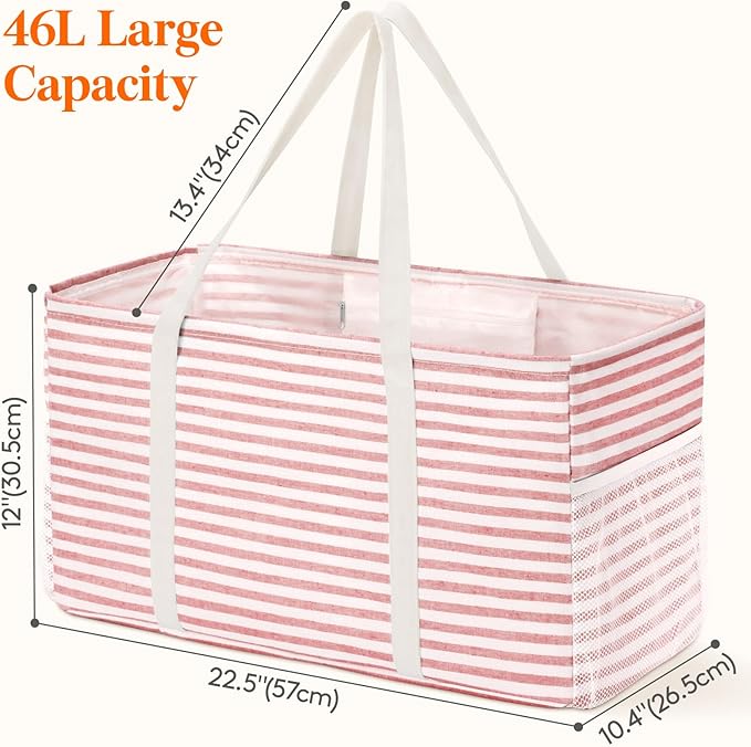 Lifewit Extra Large Tote Bag, Reusable Grocery Bags with Metal Wire Frame and Handles, Standing Utility Foldable Shopping Bags for Storage, Picnics, Beach, Pool, Laundry, Car 2 Packs 46L Blue and Pink