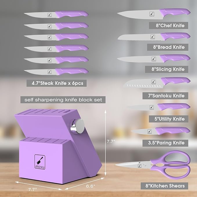 imarku 14-Piece Knife Set with Block, High Carbon Stainless Steel Kitchen Knives with Built-in Sharpener, Ergonomic Non-Slip Handle, Perfect for Home Cooks & Chefs, Purple