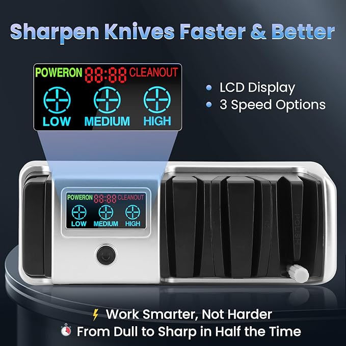 Electric Knife Sharpener with LCD Screen, 3-Stage Speed Adjustable Knife Sharpener for All Kitchen Knives Quick Sharpening (Silver)