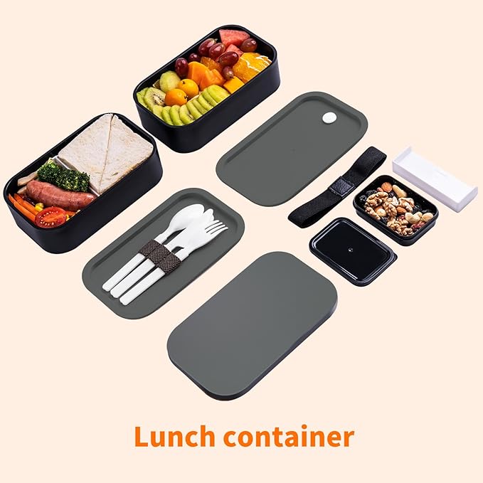 Bento Box Adult Lunch Box with lunch bag,Japanese Lunch Box Containers for Adult,Bento lunch Box with Leakproof 54OZ Black (black lid