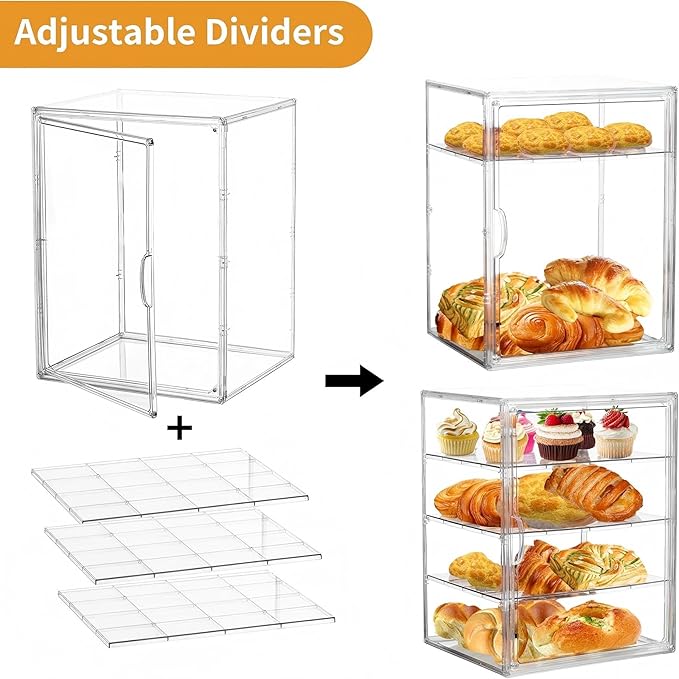 Attelite Pastry Display Case,2 Pack 4 Layers Adjustable Clear Bread Box for Kitchen Countertop,Bread Storage with Magnetic Door Bakery Pastry Display15.5x11.4x9.8inch
