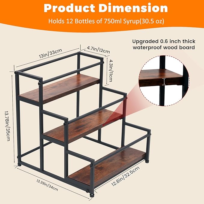 Coffee Syrup Rack - 3-Tier 12 Syrup Bottles Holder - Liquor Bottle Display Shelf - Kitchen Cabinet Organizer for Jars, Condiments - Wooden Countertop Organizer for Seasonings, Tea, or Coffee