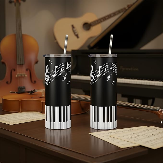 Umigy 2 Pieces Piano Gift Tumbler with Lid Straw and Brush, 20 oz Musical Notes Travel Mug Stainless Steel Coffee Mug for Christmas Music Lovers Singers Teacher Birthday Gifts