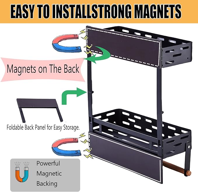 Magnetic Spice Rack for Refrigerator, Magnetic Shelf for Fridge Moveable Magnetic Paper Towel Holder Metal Fridge Magnet Orqanizer 8 Hooks for Kitchen Space Saving