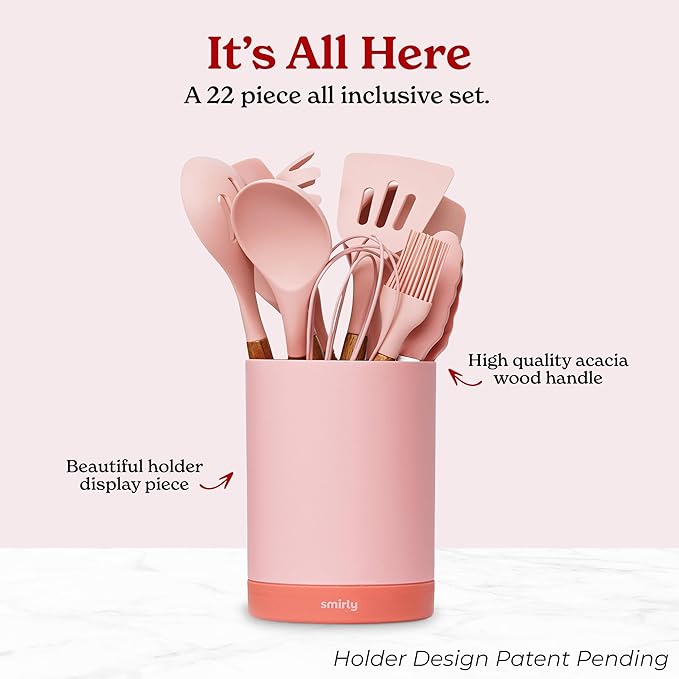 Silicone Kitchen Utensils Set & Holder: Cooking Utensils Set - Kitchen Essentials for New Home & 1st Apartment- Silicone Spatula Set, Cooking Spoons for Nonstick Cookware (Acacia Wood, Pink)