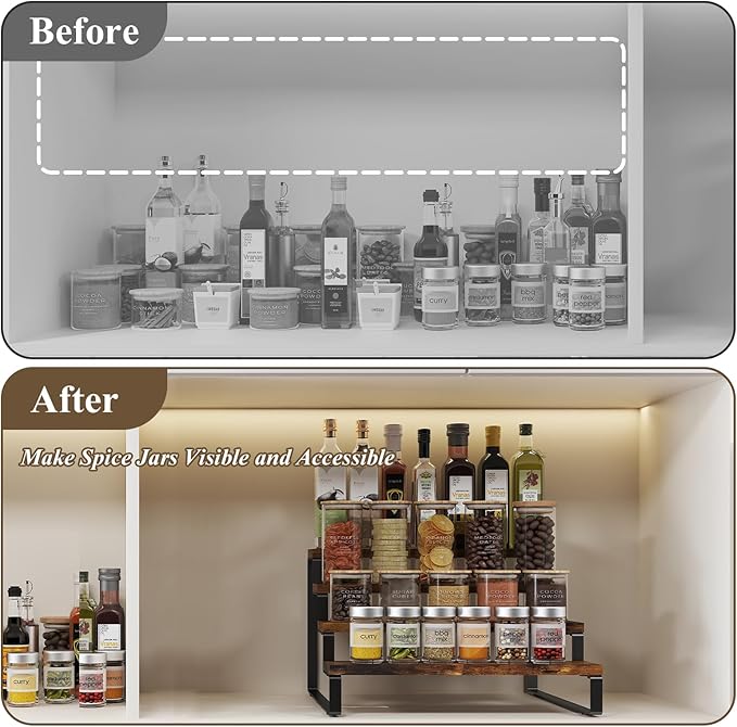 Spice Rack Organizer for Cabinet, 4 Tier Wooden Display Riser Stand, Rustic Cologne Stand for Men, Tiered Perfume Holder, Display Shelf for Candles