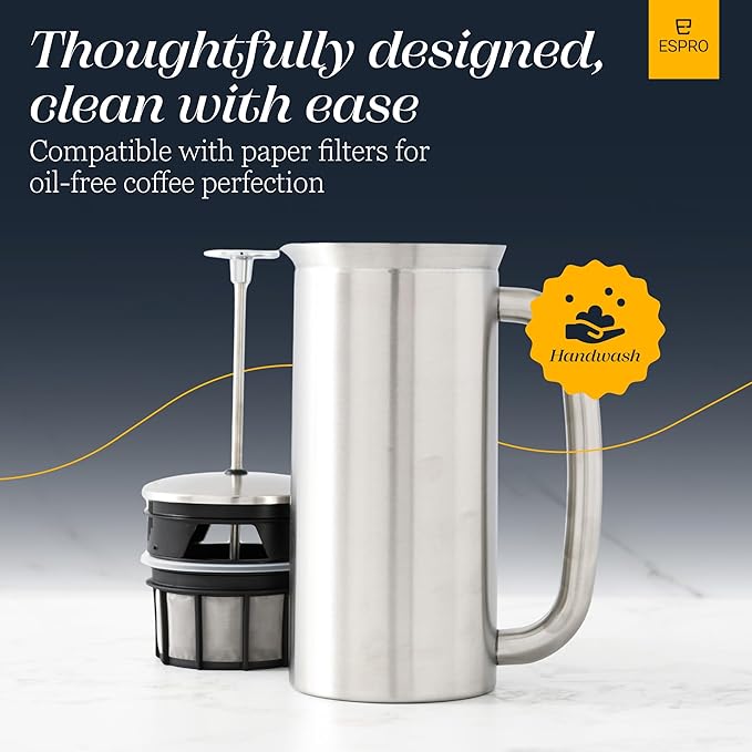 ESPRO P7 Brushed Stainless Steel French Press 304 – Patented Double Walled Micro-Filter Insulated French Press Coffee Maker, Grit-Free Brew - Heat Resistant BPA Free (18oz)