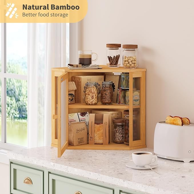 Corner Bread Box for Kitchen Countertop,Bread Storage for Homemade Bread, Double Layer Large Bamboo Kitchen Storage Bin with Window (Natural, Medium)