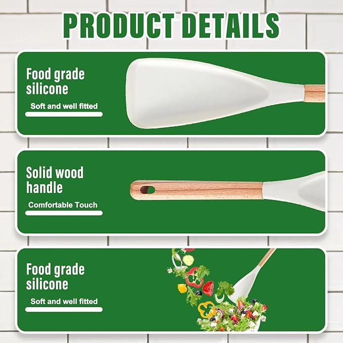 Cedar and Ash Spoon, Multifunction Spatula Cooking Spoon, Heat-Resistant Silicone, Wooden Handle, Safe for Nonstick Cookware, Ergonomic Grip, Ideal for Stirring, Mixing, Serving (1pcs White)