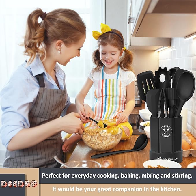 Silicone Kitchen Utensils Set, 16-Piece Silicone Cooking Utensils by Deedro, Heat Resistant Kitchen Tools Set with Holder, Nonstick Spatula Kitchen Gadgets for Cooking & Baking, Black