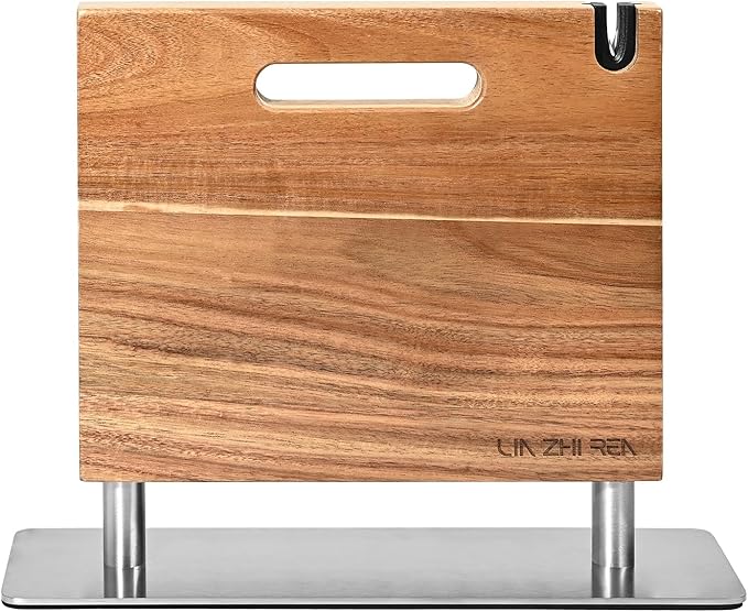 Magnetic Knife Block, Thickened Acacia Knife Holder, Strong Magnetic Suction Cup with Knife Sharpener, Double-Sided Kitchen Knife Storage Rack for Kitchen Countertops