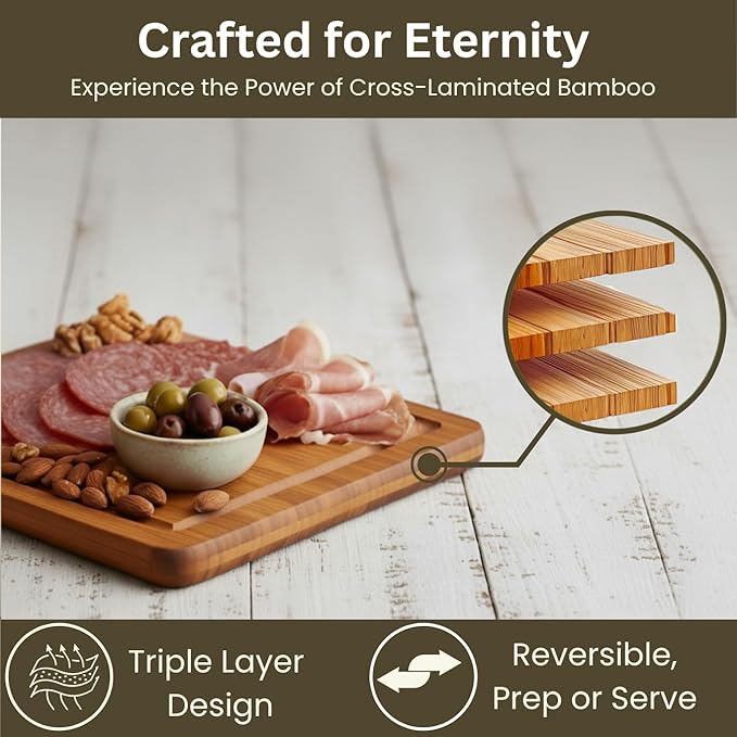Bamboo Cutting Board for Kitchen, set of 3, Wooden Chopping Board Set with Deep Juice Grooves & Built-In Handles, Knife-Safe Wooden Chopping Boards for Meats, Veggies & Fruits