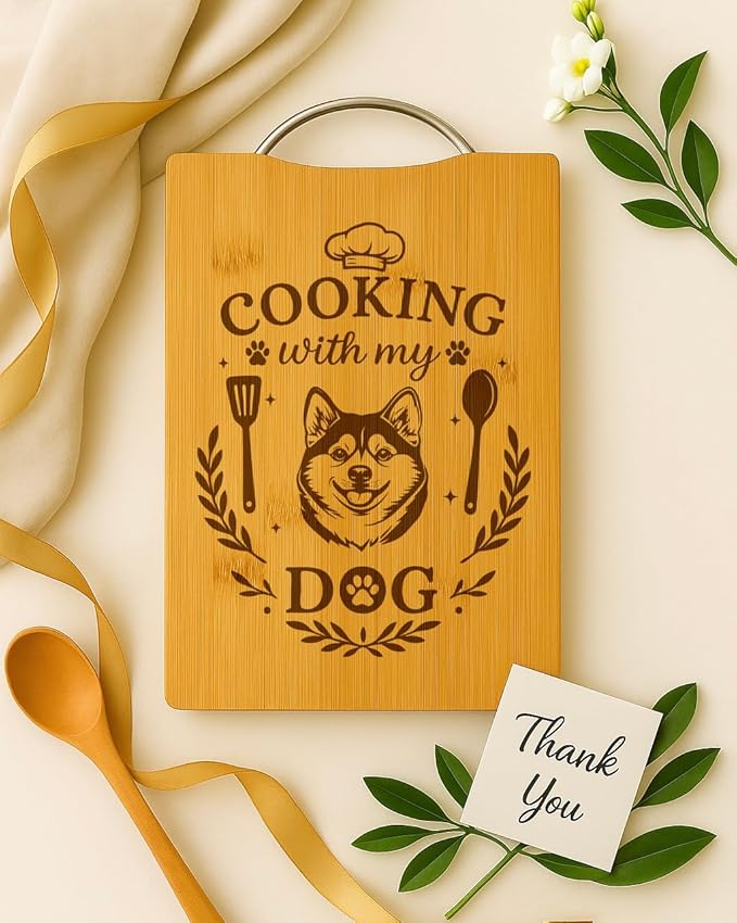 Bamboo Cutting Board, Dog Mom Gift, Personalized Handmade Kitchen Decor – Cooking with My Dog (Shiba Inu)