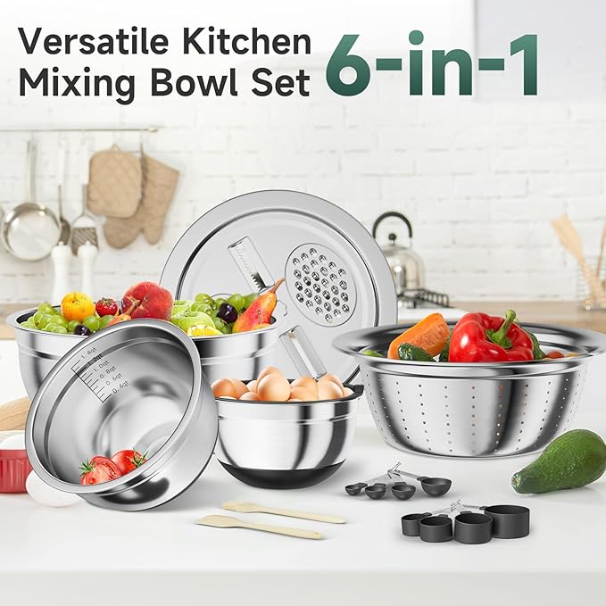 Mixing Bowls with Airtight Lids, Stainless Steel Nesting Bowl Set (1.4/2.8/5QT) with Colander, Grater, Measuring Spoons, Spatula & Oil Brush – Non-Slip Bottom Kitchenware Set (Black)