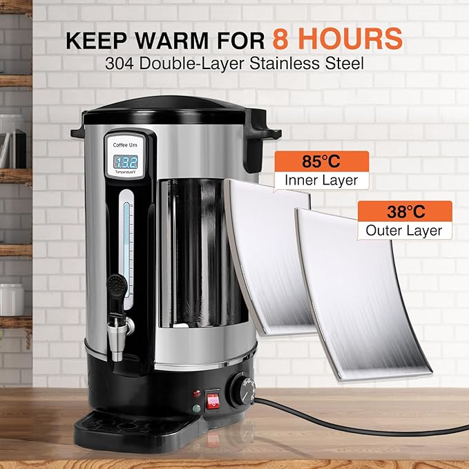100-Cup Commercial Coffee Urn – Upgraded Even-Brew Showerhead & Filter – Double-Wall Stainless Steel Percolator with Keep-Warm Function (Coffee Urn)