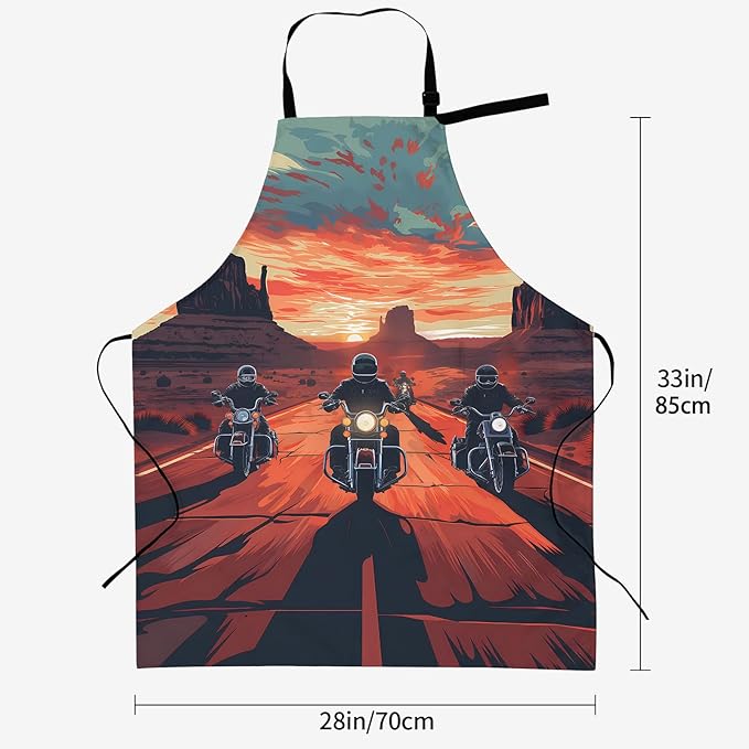Motorcycle Ride Sunset Apron for Women, 28x33in, Kitchen Chef Aprons with 2 Pockets, Polyester, Bold Biker Apron for Cooking BBQ Baking Gardening Chef, Gifts for Mom Wife Dad