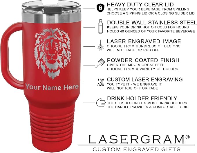 LaserGram 40oz Vacuum Insulated Travel Mug with Handle, Tiki Statue, Personalized Engraving Included (Red)