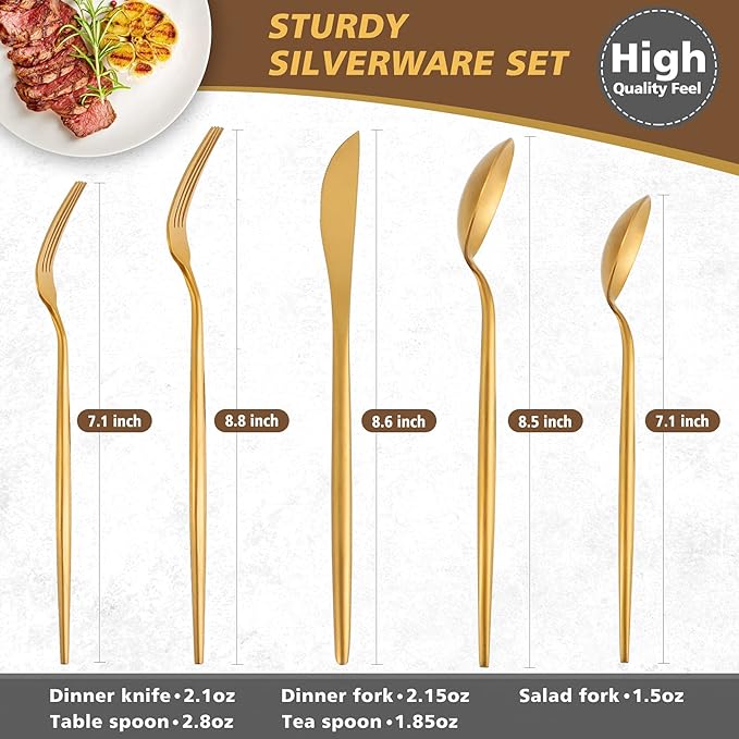 Matte Gold Silverware Set, Oliviola 40-Piece Stainless Steel Flatware Cutlery Set Service for 8, Satin Finish Kitchen Utensil Set, Dishwasher Safe…