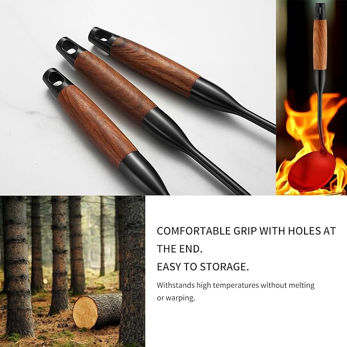 Stainless Steel Kitchen Utensils Set with Wood Handle, 18/10 Metal Cooking Utensils Set, 6-Piece - Spatula, Spoon, Ladle, Skimmer, Slotted Spoon, Pasta