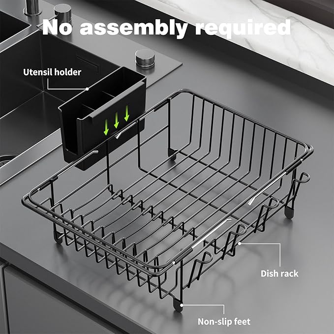 Dish Drying Rack in Sink: Expandable, 3-Slot Utensil Holder, Anti-Slip Handle. Small Dish Rack: Ideal for Small Households. Kitchen Drying Rack: Black