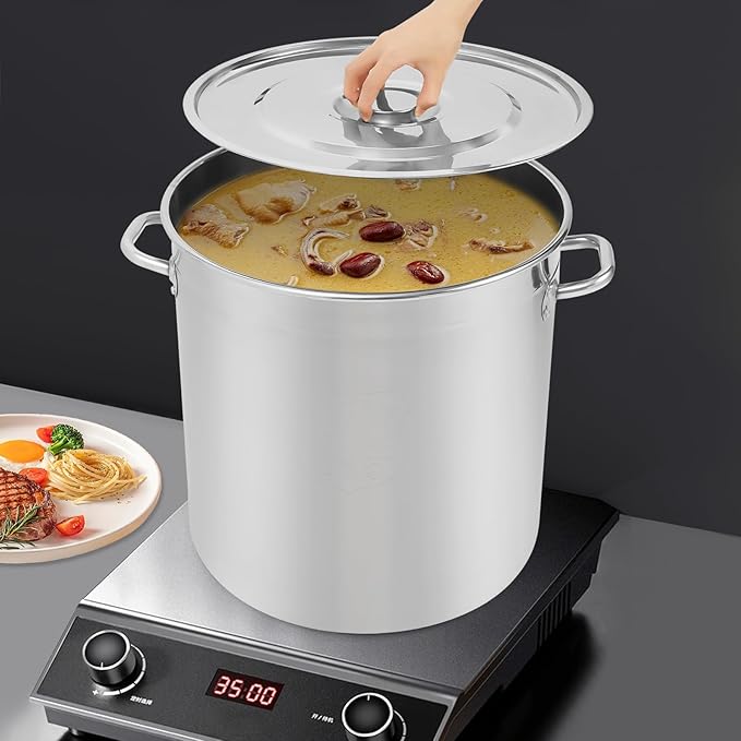 48L/50.7Qt Commercial Large Stock Pot with Lid,Nickel Free Stainless Steel Cookware Healthy Polished Stockpots, Induction Soup Pot for Cooking Home Use