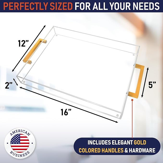 Acrylic Serving Tray with Gold Handles, 16" x 12" Decorative Tray for Coffee Table, Spill-Proof Server for Food and Drinks. Multipurpose for Kitchen, Countertop, Vanity, Ottoman, and Parties (Clear)