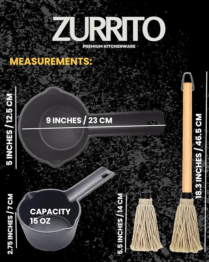 2x Cast Iron Sauce Pan Set - 2x 15oz Basting Pot with 18" BBQ Mop Brushes, Cast Iron Small Sauce Pots for Grilling, Melting, Camping Cooking & Stoves Butter Melter