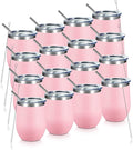 COMOOO Stainless Steel Wine Tumbler Glass Bulk with Lid and Straw 12oz Double Wall Vacuum Insulated Travel Tumbler Cup for Coffee Wine Cocktails Ice Cream Cup, Pink, 16 pack
