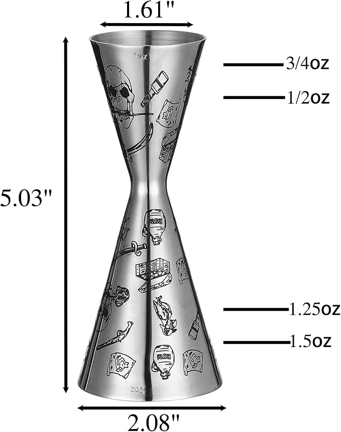 Double Cocktail Jigger Slim Style Measuring Jigger with Etched Pattern (Skull Rose)