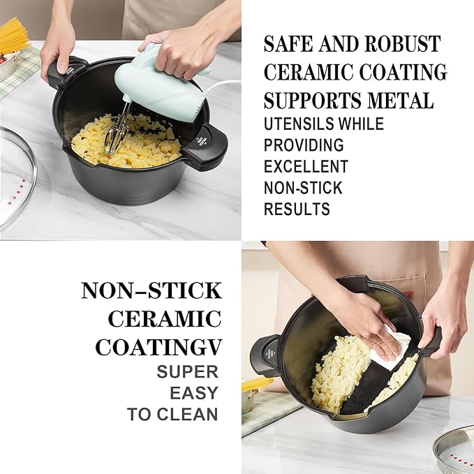 5qt Pasta Pot with Strainer Lid, Cast Aluminum Stockpot Multipot, Nonstick Ceramic Coating make Cleanup easy with Tempered Glass Lid, Dishwasher Safe, Induction, Black