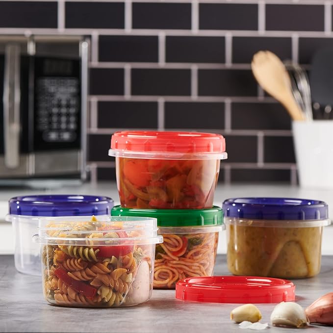 Twist Top Food Storage Containers 16 oz 24 Pack Plastic Freezer Storage Containers Leakproof Reusable with Screw on Colored Lids