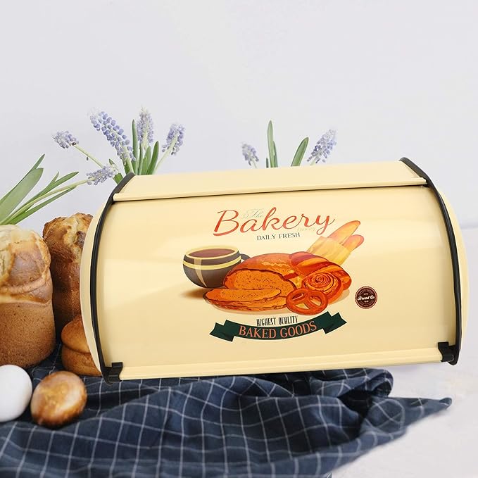 Topyond Vintage Bread Box, Metal Bread Box for Kitchen Countertop, Rustic Bread Holder with Roll Top Lid, Farmhouse Bread Storage Bin, Stainless Steel Breadbox for Homemade Bread