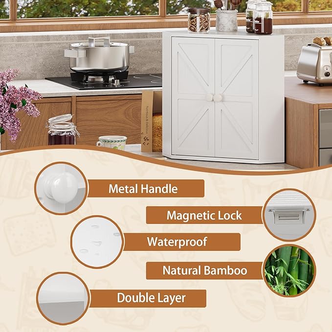 Corner Bread Box for Kitchen Counter Double Layer Bamboo Bread Storage Container Large Capacity Bread Storage Bin Farmhouse Breadbox Organizer (White)