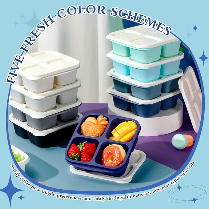Honeydak 10 Pack Snack Container 4 Compartment Reusable Bento Snack Boxes Divided Lunch Containers with Lids Meal Prep Lunch Food Storage Boxes for School Work Travel (Glacier Color)