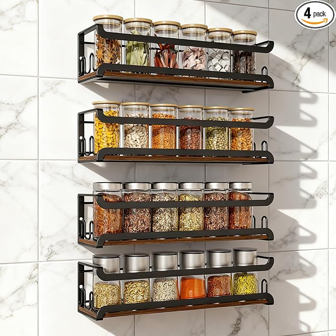 Doakhirmit Wall Mounted Spice Rack with 16 Hooks, Rustic Wood Spice Organizer Shelf for Stove Cabinet Pantry Door,Screw or Adhesive Hanging Spice Shelf,Wall Spice Rack in Kitchen and RV,4 Pack