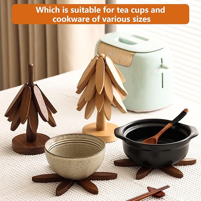 Wooden Trivets for Hot Dishes, Tree Shape Trivet Set, for Hot Dishes, Pot, Bowl, Teapot, 5 Wooden Trivets+1 Stand, Like a Christmas Tree, Natural Foldable Kitchen Wooden Trivet (Walnut Wood)