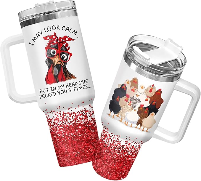 34HD Crazy Chicken Lady Tumbler with Handle and Straw, 40oz Mama Hen Coffee Mug with Lid, Funny Chicken Gifts for Girls Women on Birthday Mothers Day Christmas