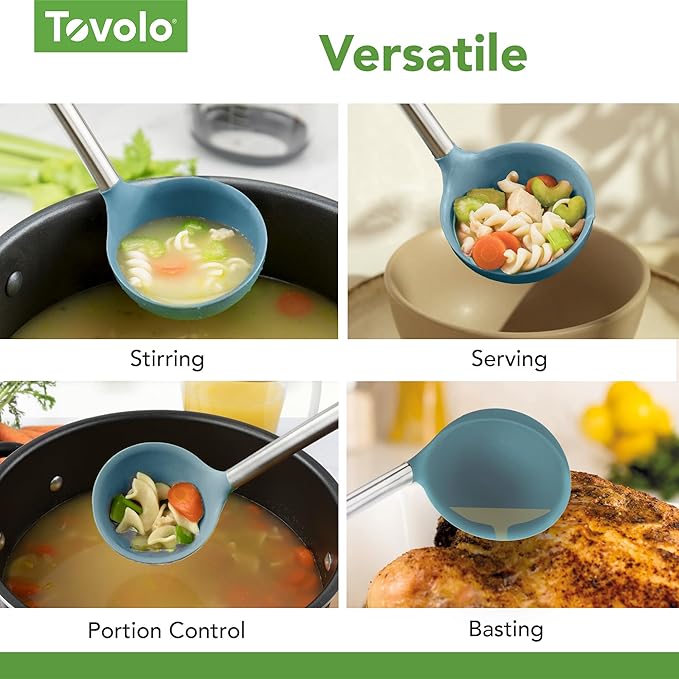 Tovolo Silicone Ladle With Stainless Steel Handle Deep Soup Ladle for Cooking Canning Serving Soup Punch Stew Sauce, Large Kitchen Utensil Spoon Dishwasher Safe BPA Free Silicone, Blue Slate